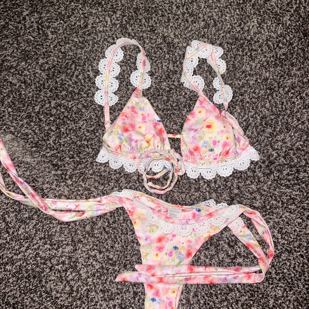 Strawberry Milk Mob Pink Floral Lace Trim Bikini Set